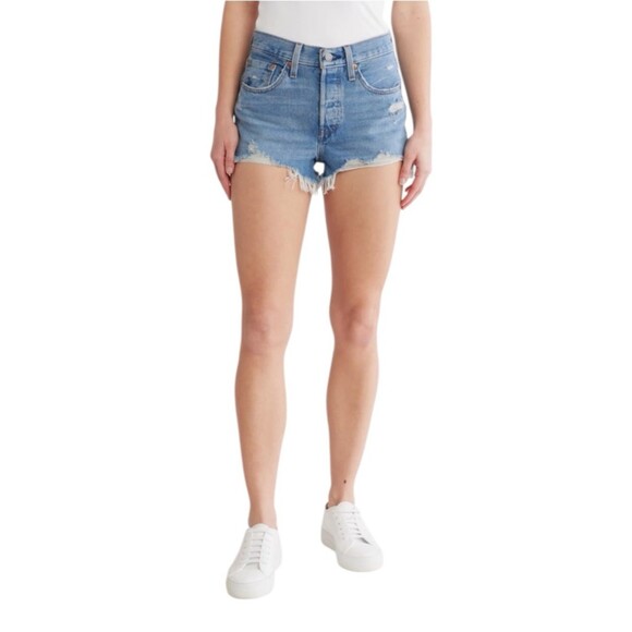 Levi's Pants - Levi's Womens 501 Original High Rise Raw Hem Cutoff Denim Shorts Light Wash 27